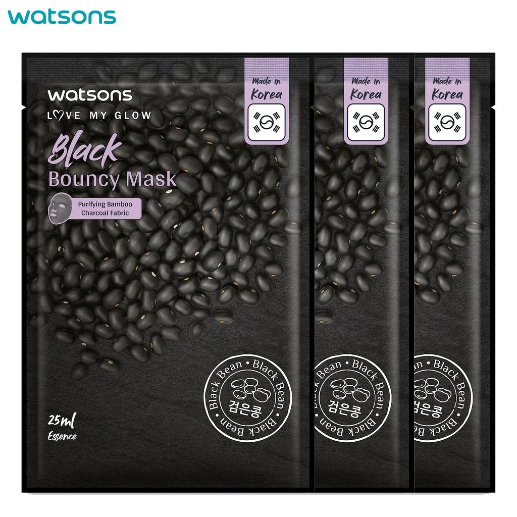 Watsons Love My Glow Black Bouncy Mask, Purify Bamboo Charcoal Fabric, черная фасоль, 25 мл. x 3 шт. - Маска для лица, Тканевая маска