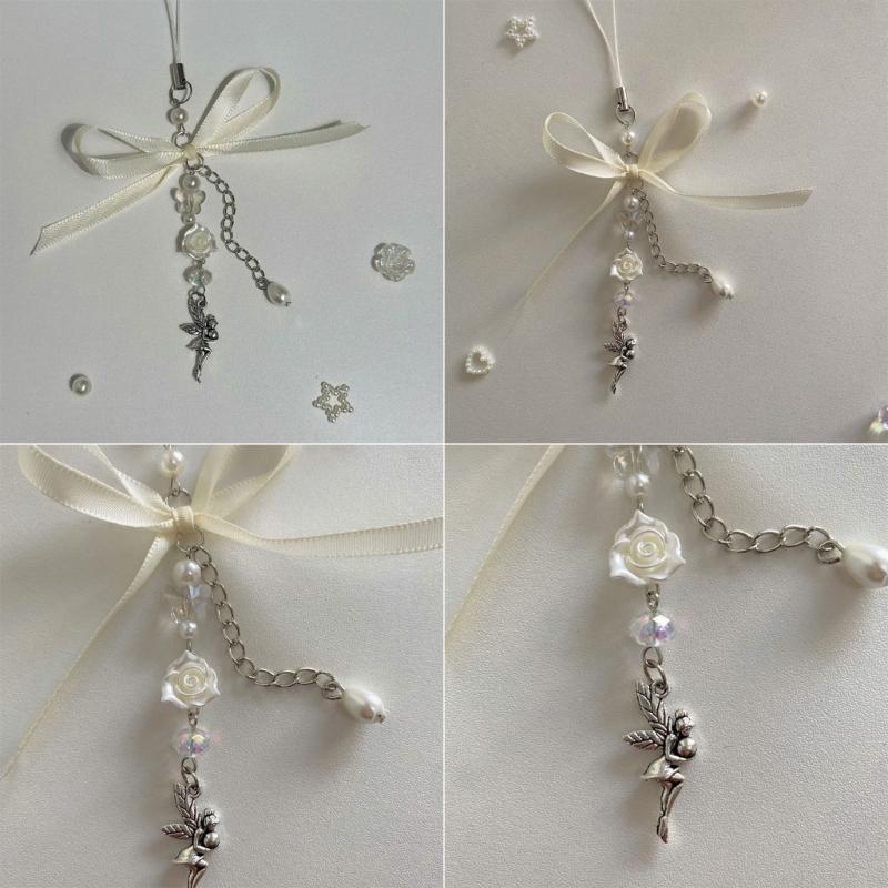 Ручная работа Роза Цветок Цепочка для телефона Подвеска Ангел Брелок Сладкий Крутой Бантик Ремешок для телефона Акриловый Брелок Украшение для сумки