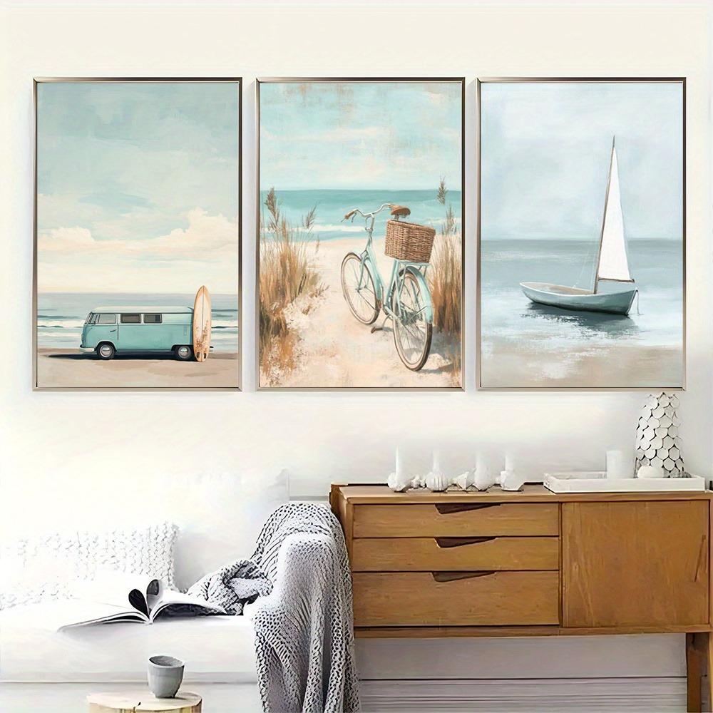 3 шт. Без рамы, Настенная картина с прибрежным пейзажем, Печать с винтажным грузовиком, Холст с парусной фантазией, Постер с изображением спокойной воды, Искусство с велосипедами, Декор для дома в морском стиле