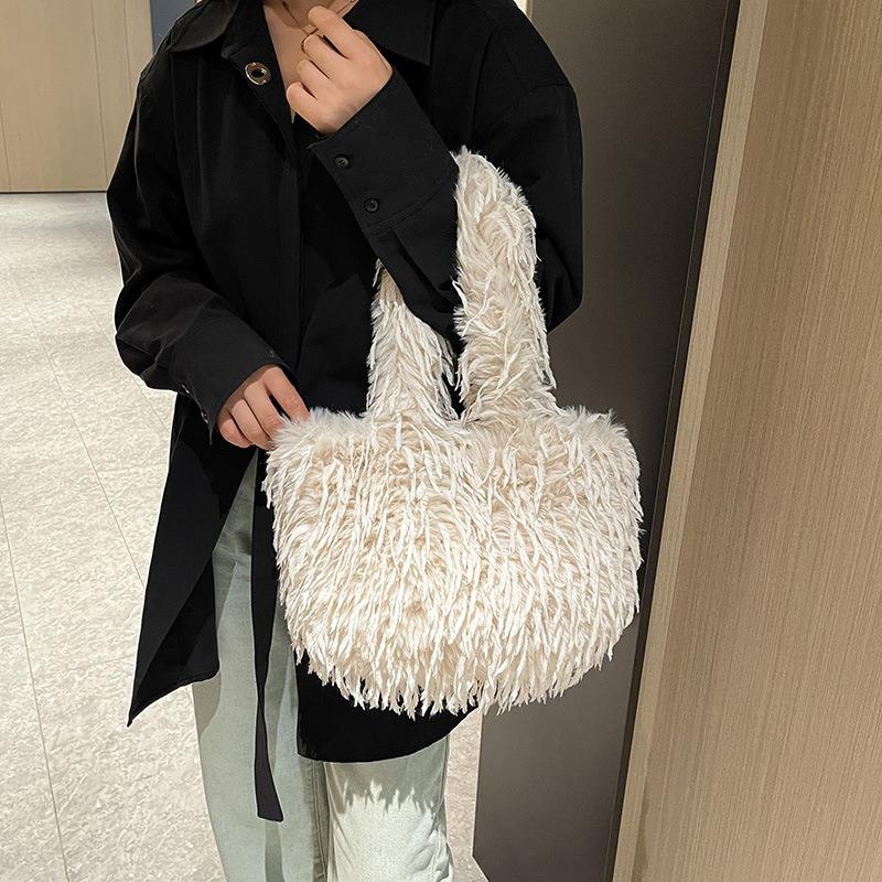 Autumn Fashion Plush Portable Tote Bag New Texture Fashion Shoulder Bag Solid Color Casual Women's Bag