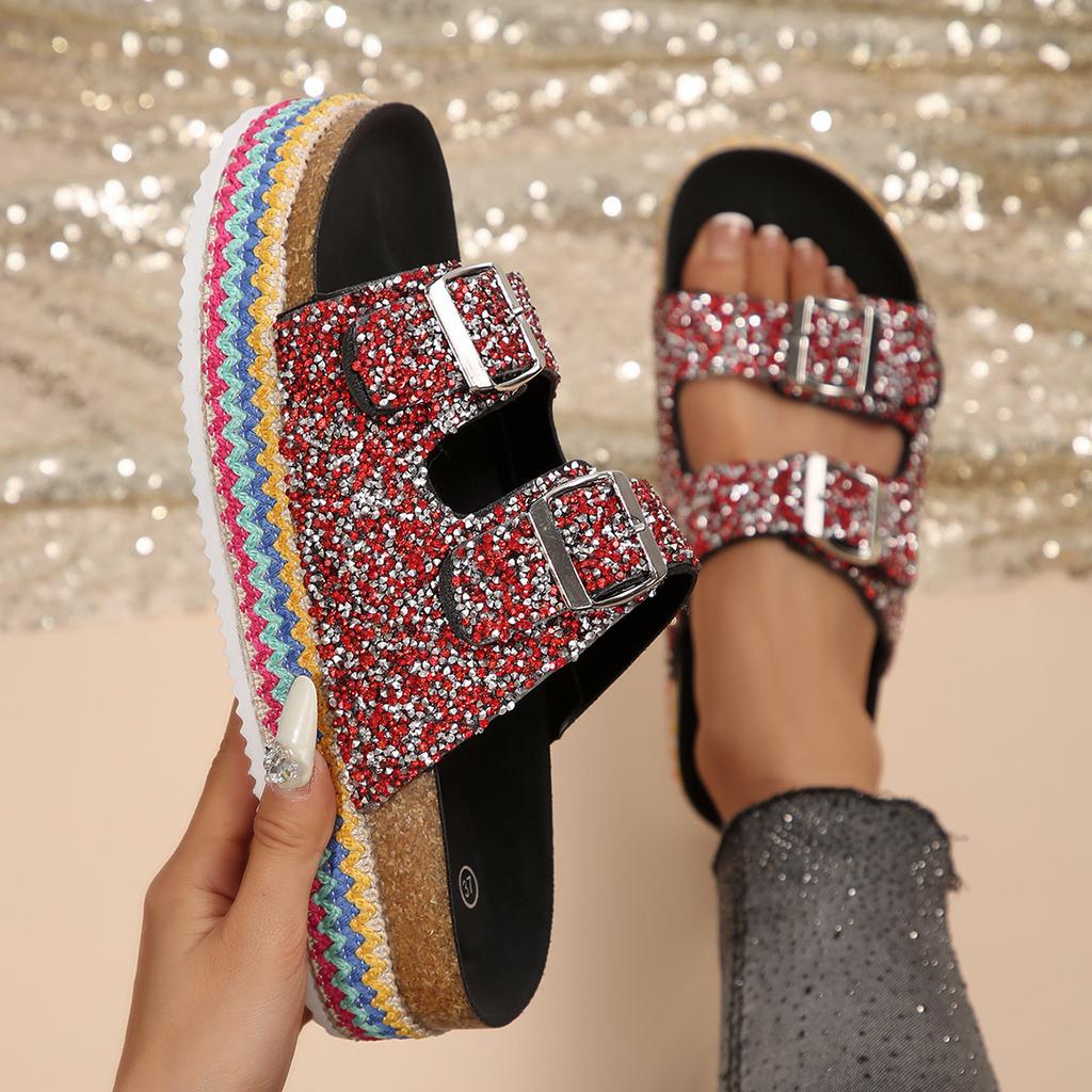 2025 Foreign Trade Slippers Fashionable Rhinestone Double Buckle One Pedal Platform Women's Beach Sandals Large Size
