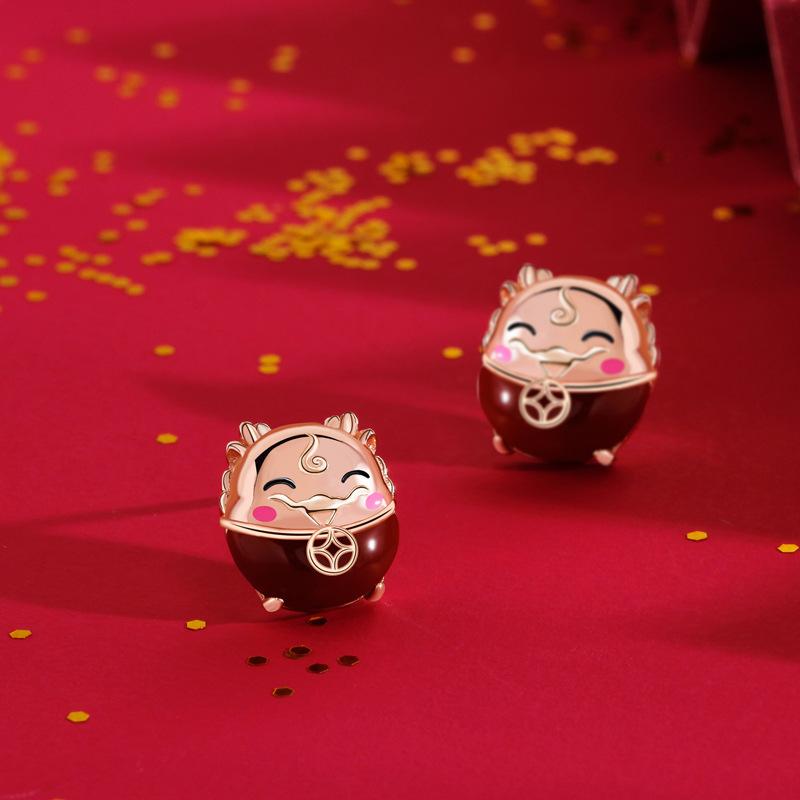 Original Lucky Chenlong Earrings Women's Guochao National Style Birthday Year Red Agate Earrings Women