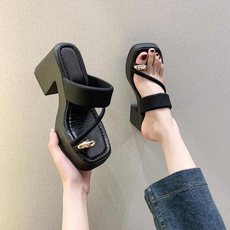 Женские босоножки на высоком каблуке 2025 Лето Новая Мода Универсальный Носок Толстая Подошва Нескользящие Повседневные Высокий Каблук Приливные Пляжные Шлепанцы