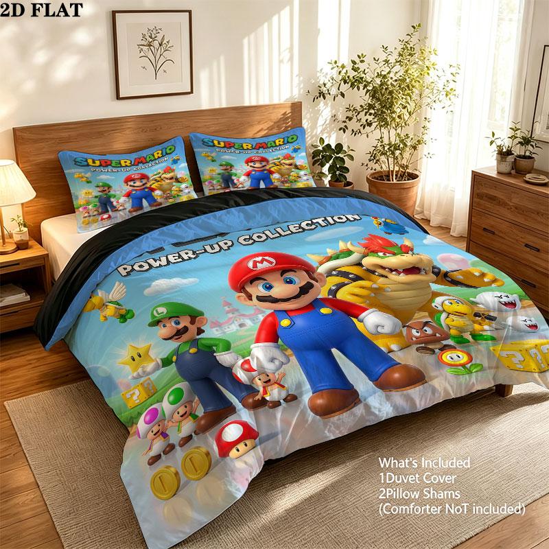 Super Mario Pattern Bedding Quilt Set Quilt Cover Pillowcase Home Birthday Gift(1 * duvet cover + 2 * pillowcase, without core)