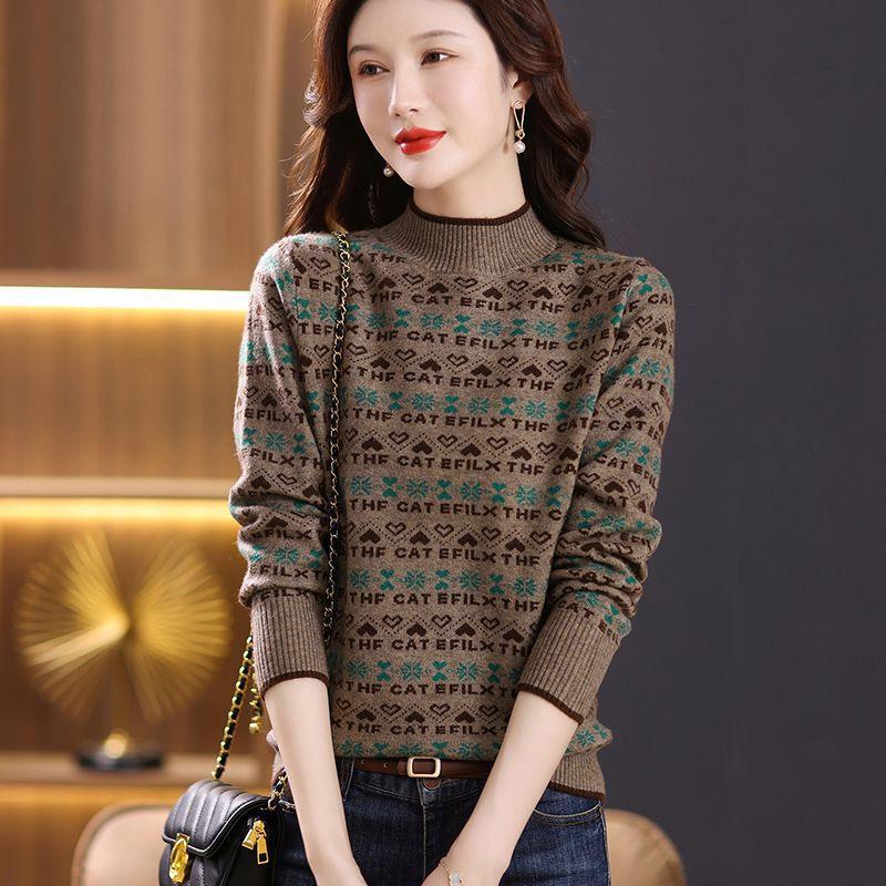 Женский свитер жаккардовой вязки с полуворотом 2024 года - Осень/Зима