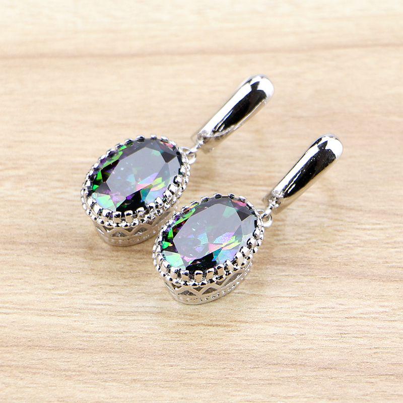 Natural Oval Mystic Rainbow Zircon Dangle Earring 925 Sterling Silver Jewelry Drop Crown Earrings For Women