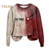 Women Sweatshirt 3D Bloodstain Print Round Neck Casual Halloween Haunted House Cosplay Top Long Sleeves Loose Hoodie