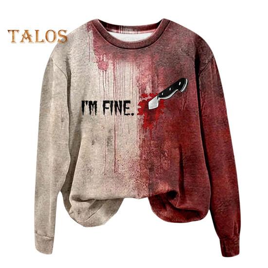 Women Sweatshirt 3D Bloodstain Print Round Neck Casual Halloween Haunted House Cosplay Top Long Sleeves Loose Hoodie