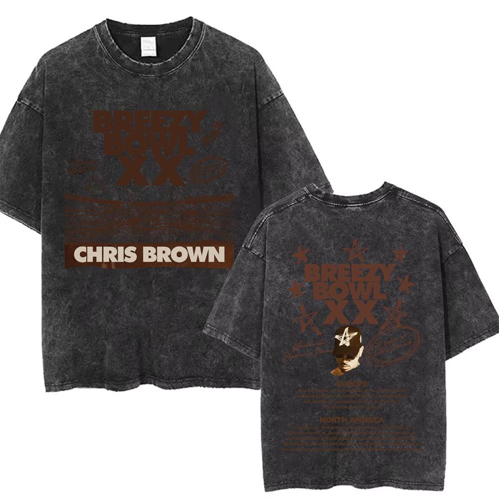 Washed Chris Brown Music Album Cover Print Tshirt Breezy Bowl XX Tour Merch T Shirts Men Women Hip Hop High Quality Tshirt