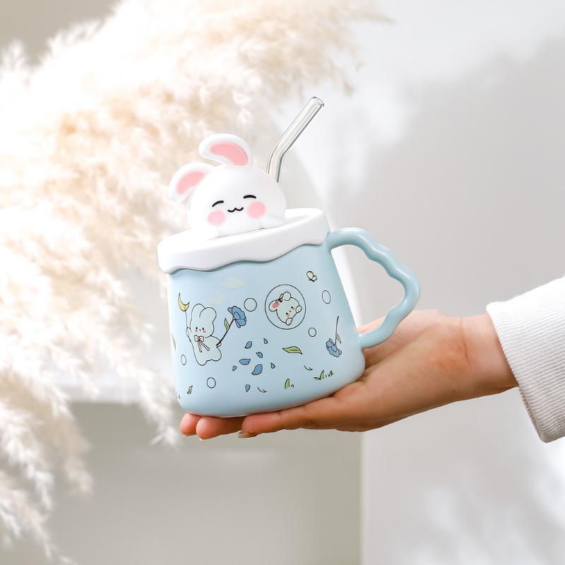 Family Suit Rabbit Ceramic Cup High Value Straw Cup with Lid Cute Cup Souvenir Gift Cup