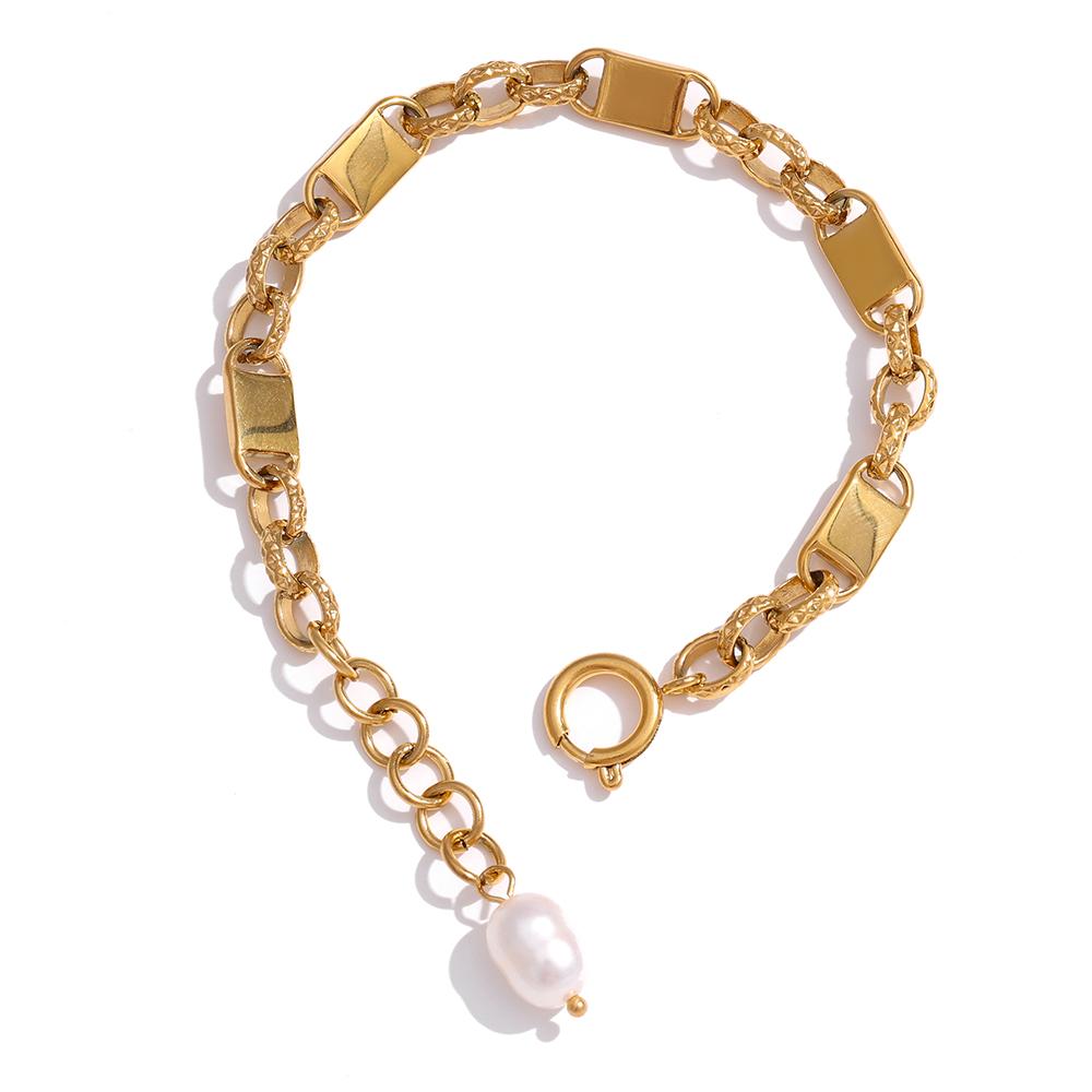 Yhpup Stainless Steel Jewelry Minimalist Chain Golden Bracelet Elegant Natural Pearl Metal Texture for Women Bijoux Femme Gift