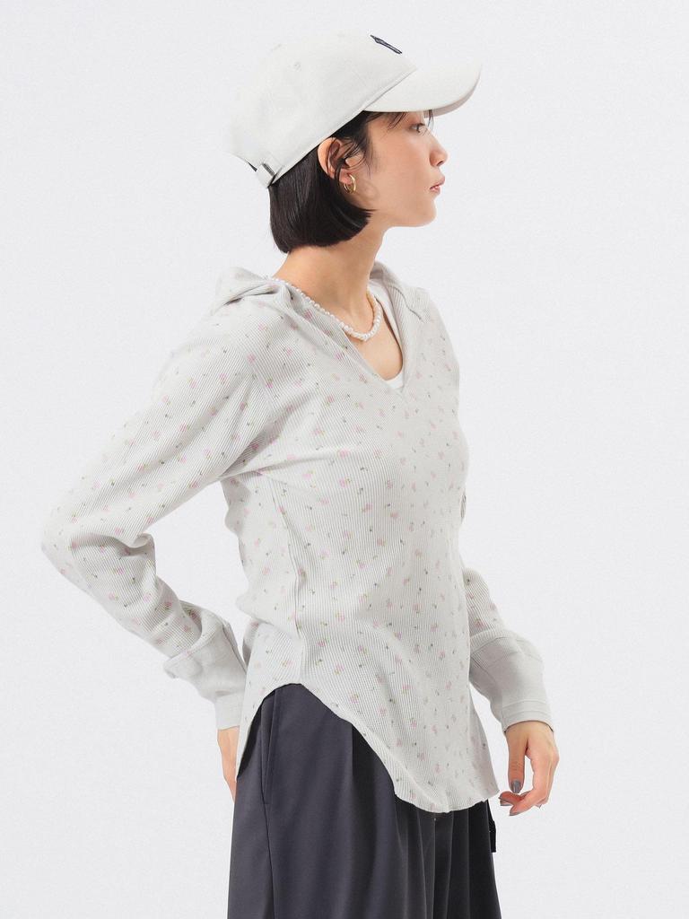 Beams Boy Women's L/S Tee Floral Thermal Hoodie, LT.GREY, One Size