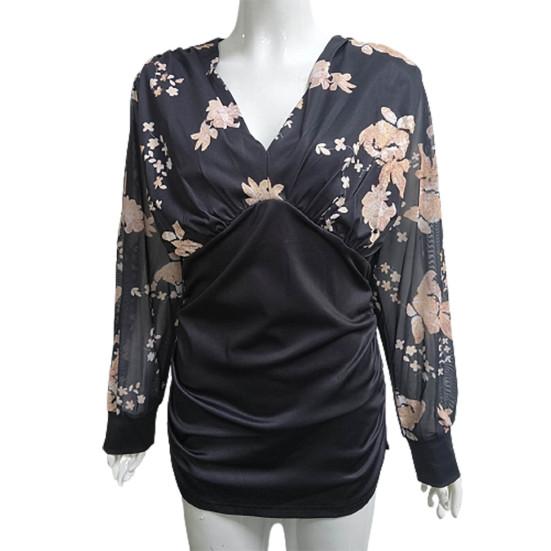 Женская кружевная лоскутная блузка с длинным рукавом, элегантная глубокая V-образная шея, облегающий пуловер, топ, офисная женская блузка с вышивкой и цветочным принтом