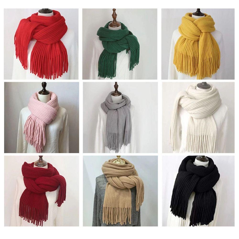 Long Tassel Solid Color Scarves Soft Knitted Scarf New Winter Cashmere Scarf  Women
