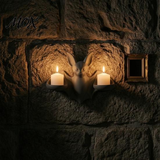 Unique Wall Scenery Gothic Bat Candle Holder, 3D Printed Double Sconce Candlestick with Spooky Hanging 2 Electronic Candles, Dark Style Halloween