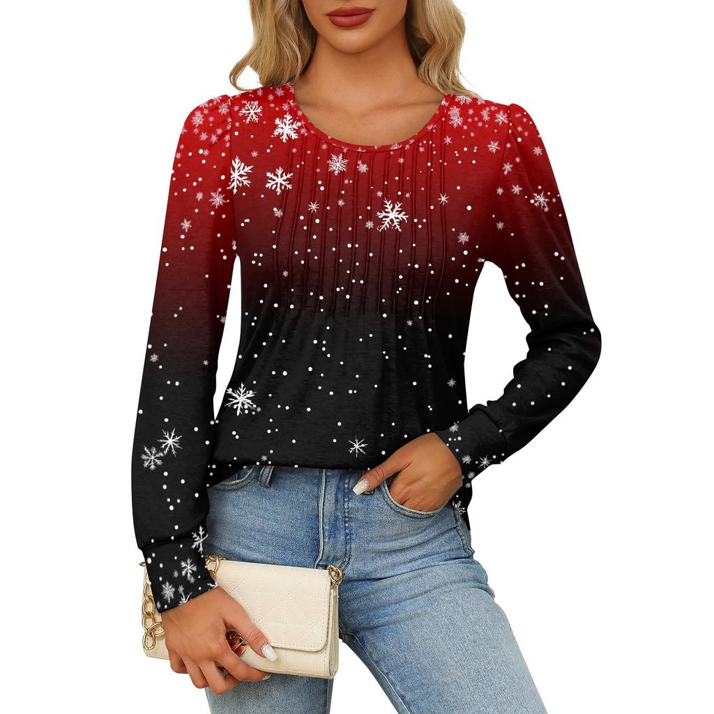 Long Sleeve Shirts For Women Cute Print Graphic Tees Blouses Dressy Casual Blouses Pleated Scooped Neck Tunic Tops Christmas