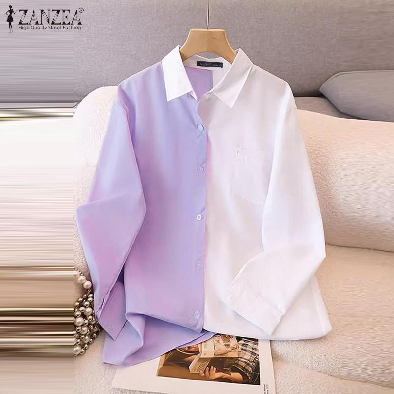 ZANZEA Женская осенняя мода с длинным рукавом и карманами в цветных блоках