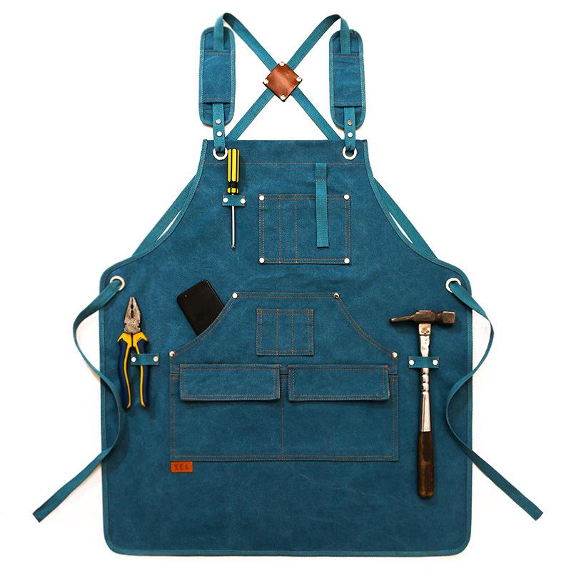 1 Pc Unisex Canvas Work Apron with Tool Pockets Cross-Back Straps Adjustable for Woodworking Painting