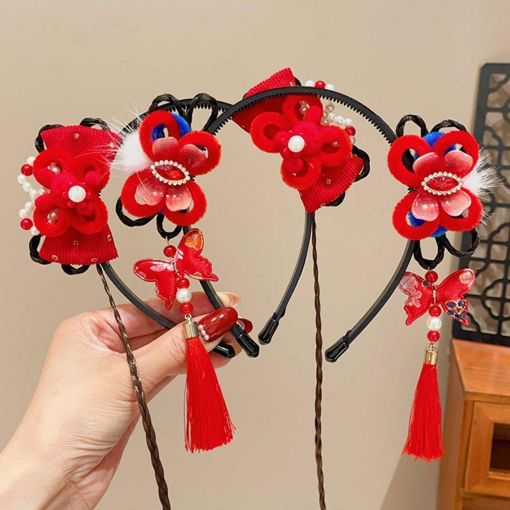 Tassel Chinese New Year Headwear Braid Hair Hanfu Hair Sticks Cute Red Bow Hairband Children