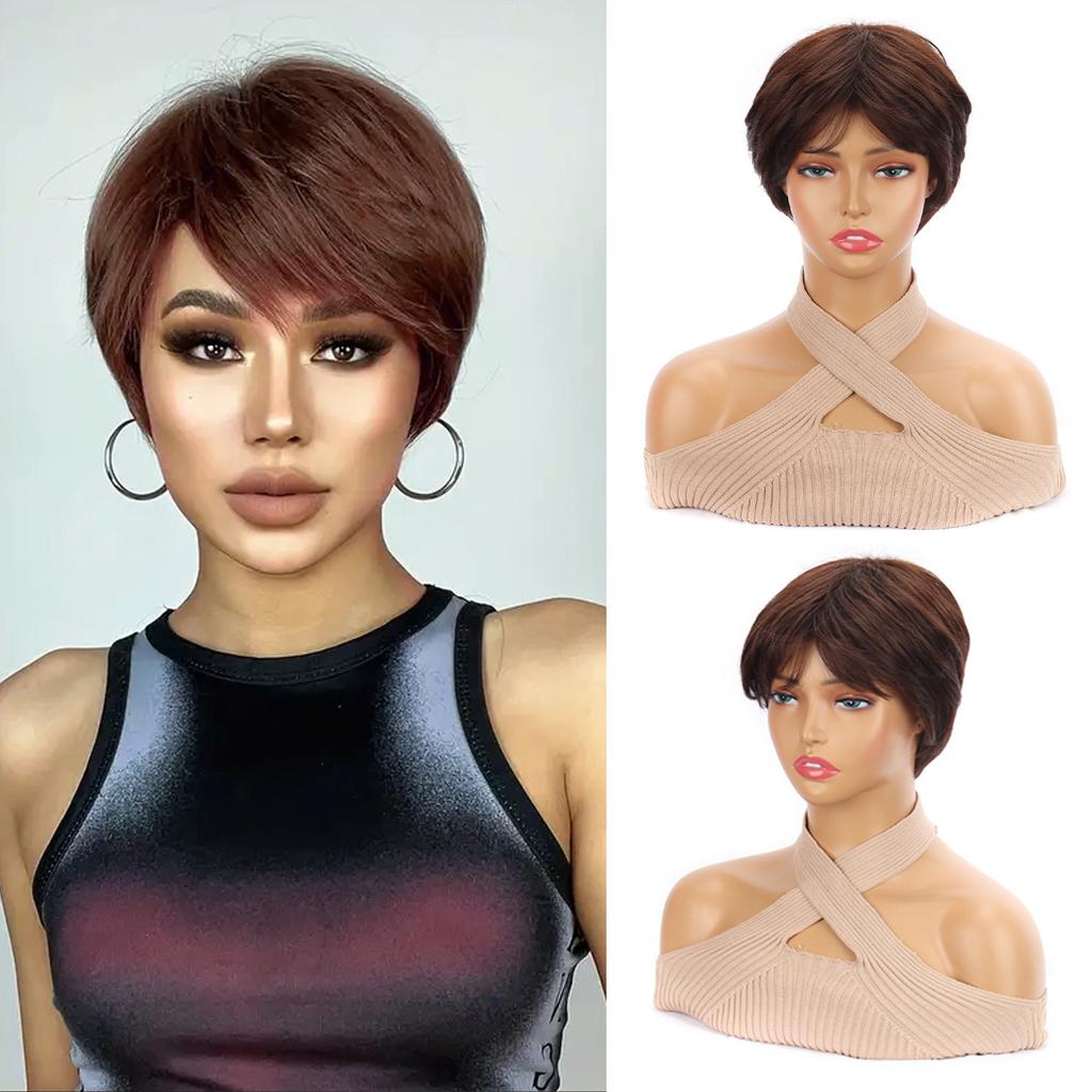 Парики из коротких волос с челкой, темно-коричневый смешанный блондин, парик с стрижкой пикси для женщин, прямые парики из синтетического волокна