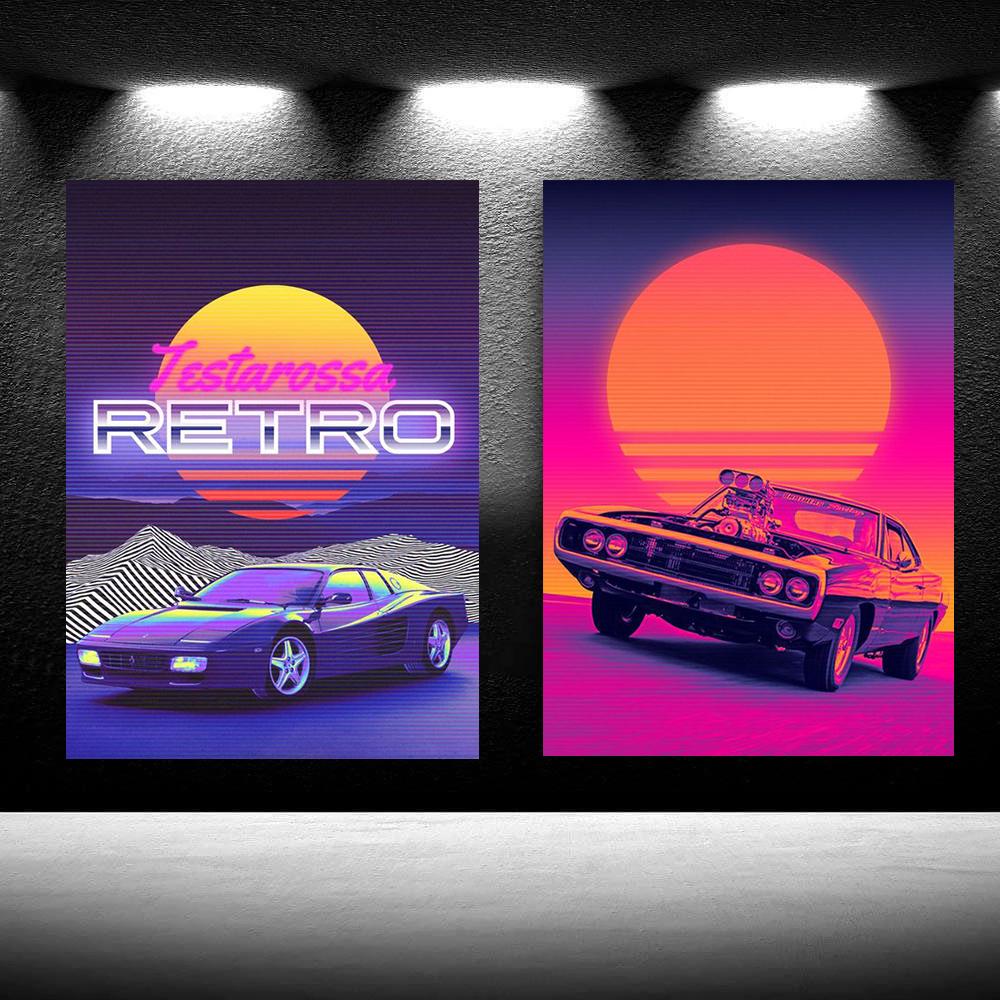 80-е Городская Ночь АВТОМОБИЛЬ ДОМ ЗАКАТ Настенное Искусство 80-е Стиль Outrun Vaporwave Постер Картина Украшение Кавайный Декор Комнаты Холст Постер