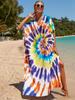 EDOLYNSA Multicolored Kaftan Bohemian Printed V-neck Batwing Sleeve Maxi Dress Women Beachwear Half Sleeve Maxi Dress Robe