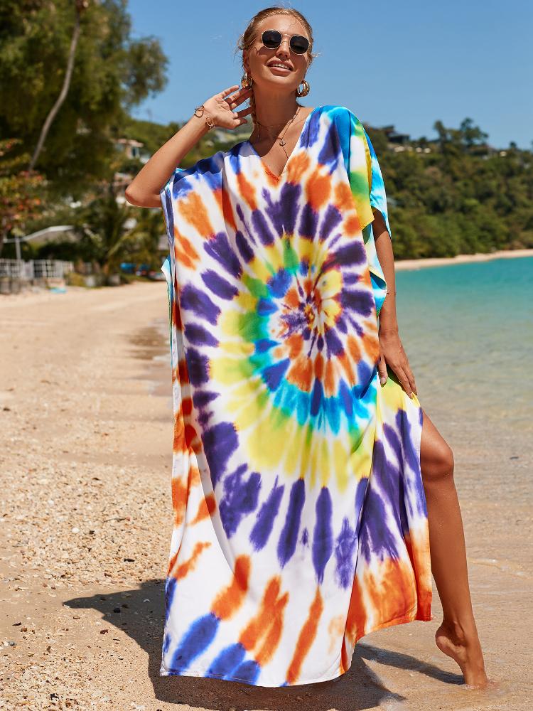 EDOLYNSA Multicolored Kaftan Bohemian Printed V-neck Batwing Sleeve Maxi Dress Women Beachwear Half Sleeve Maxi Dress Robe
