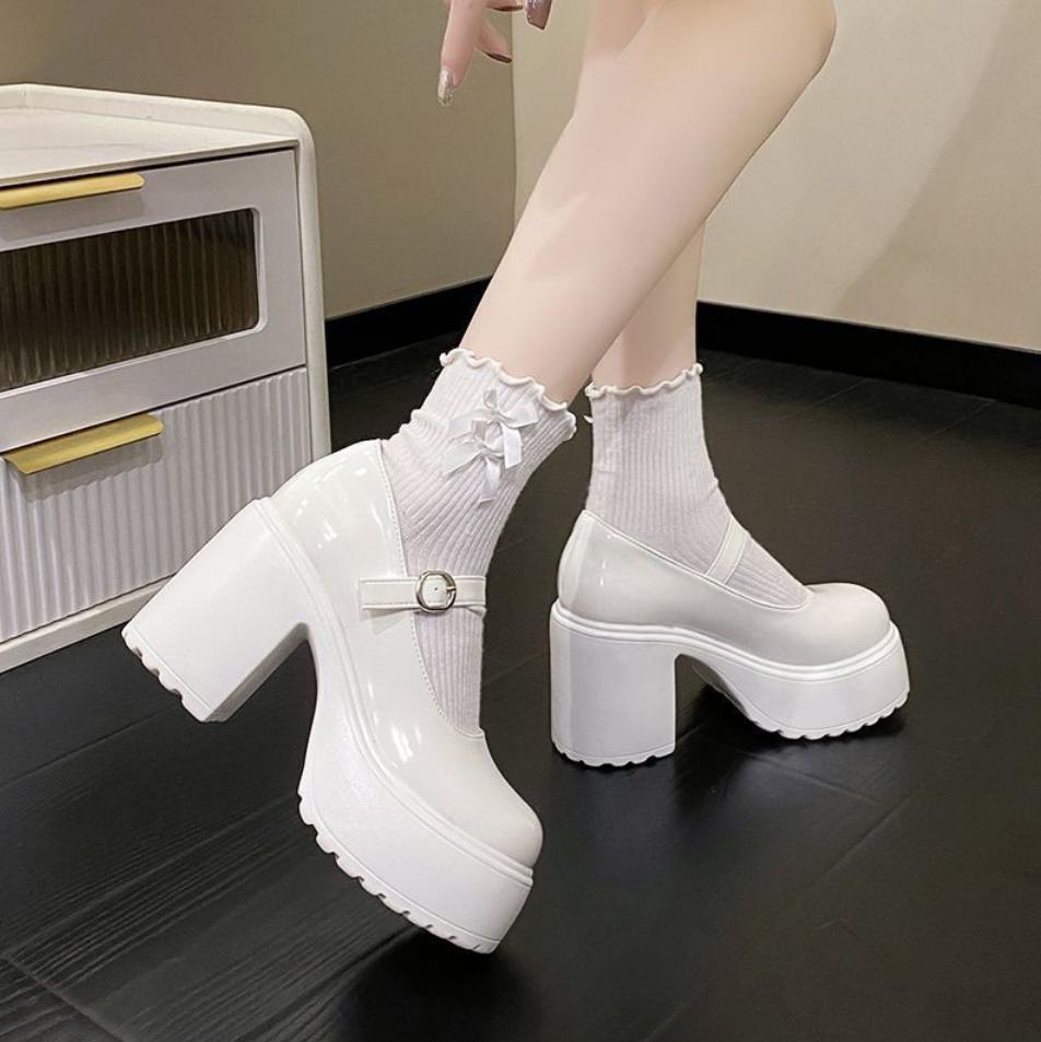 Женские туфли на массивной платформе и высоком каблуке 2025 Весна ПУ Кожа Ремешок на щиколотке Mary Jane Туфли Женские Белые Lolita Обувь на толстом каблуке