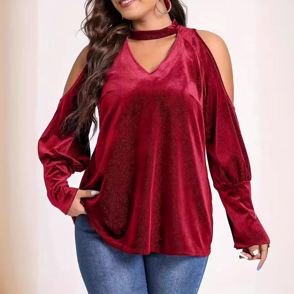 Womens Sexy Plus Size Blouse Velour Cutout Shoulder Shirt V Neck Long Sleeve Pullover Tops