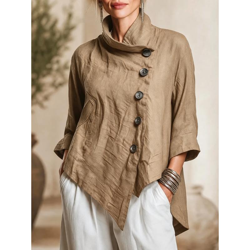 Women Solid High Collar Asymmetric Button 3/4 Sleeve Loose Casual Fall Short Jacket Coat