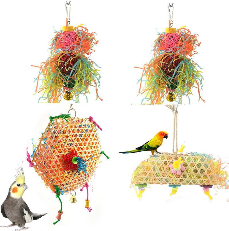 3-Piece Parrot Chew Toy Set: Rattan Ball, Paper Strips & Loofah Shredder.