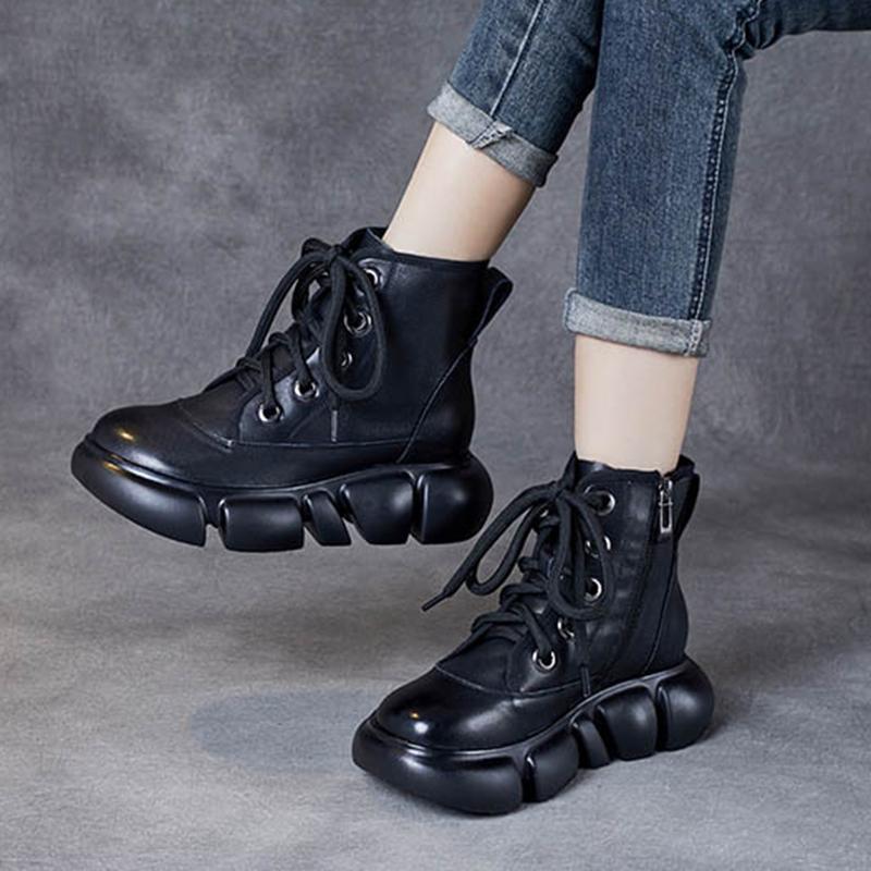 Модные женские туфли из натуральной кожи на платформе и танкетке, весна-осень, щиколотка, середина 5 см, мотоциклетные ботинки для женщин, толстые, проданные туфли 35-40