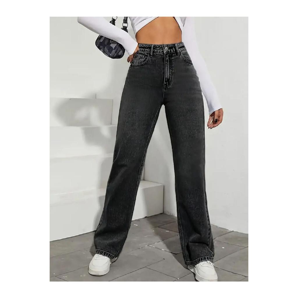 Women's Blue Snow Wash High Waist Five Pocket Wide Leg Loose Palazzo Jean Denim Trousers