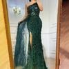 Women Evening Dress One Shoulder Sleeveless Shiny Sequin Padded Feather Decor High Split Solid Color Slim Fit Tight High Waist Floor Length