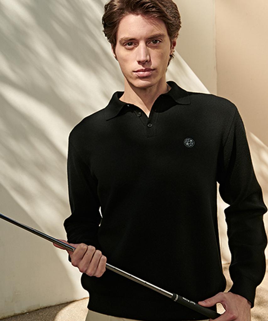 AVEN Signature Flower Jacquard Wool Knit Polo Shirt Black