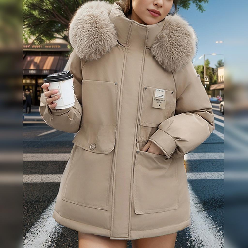 Women's Fashionable Skinny Plush Collar Zipper Hooded Winter Warm Cotton Coat Down Jacket