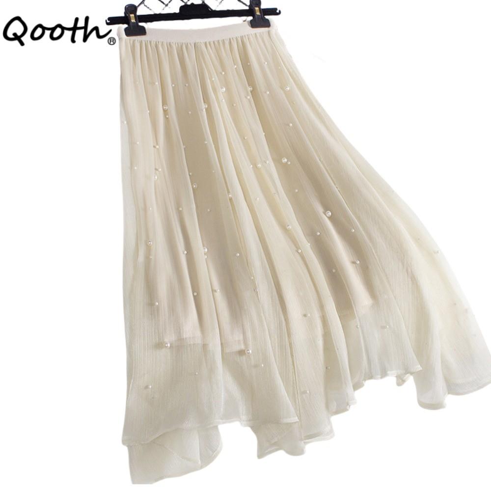 Qooth Women A Line Bead Chiffon Skirt Wide Hem Mid Length Elastic Waist Slim Casual Skirt QT2650