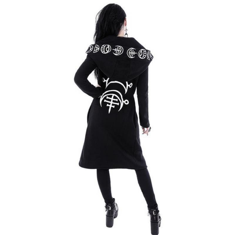 Spring and Autumn Women's Punk Style Moon Pattern Long Sleeve Long Cardigan Hoodie