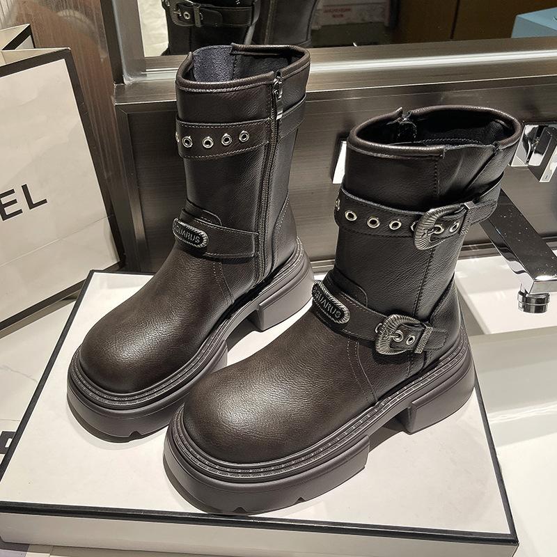 Belt buckle tooling boots Western cowboy boots Coarse heel short boots Women's 2025 new autumn and winter thin boots Medium boots