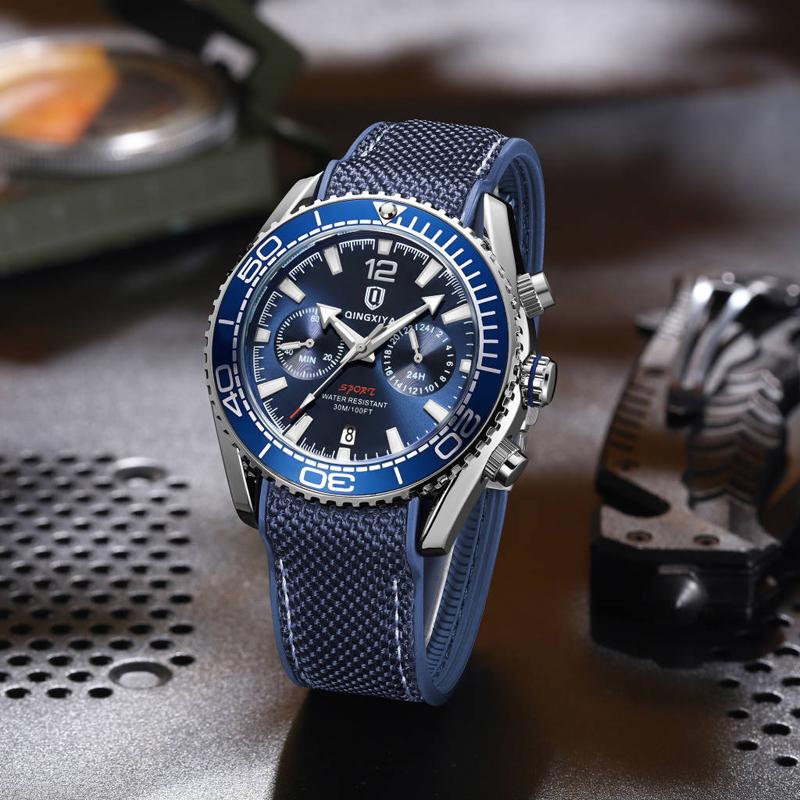 QINGXIYA Brand Fashion Quartz Watch for Men Silicone Strap Waterproof Luminous Calendar 24 Hours Chronograph Sports Mens Watches