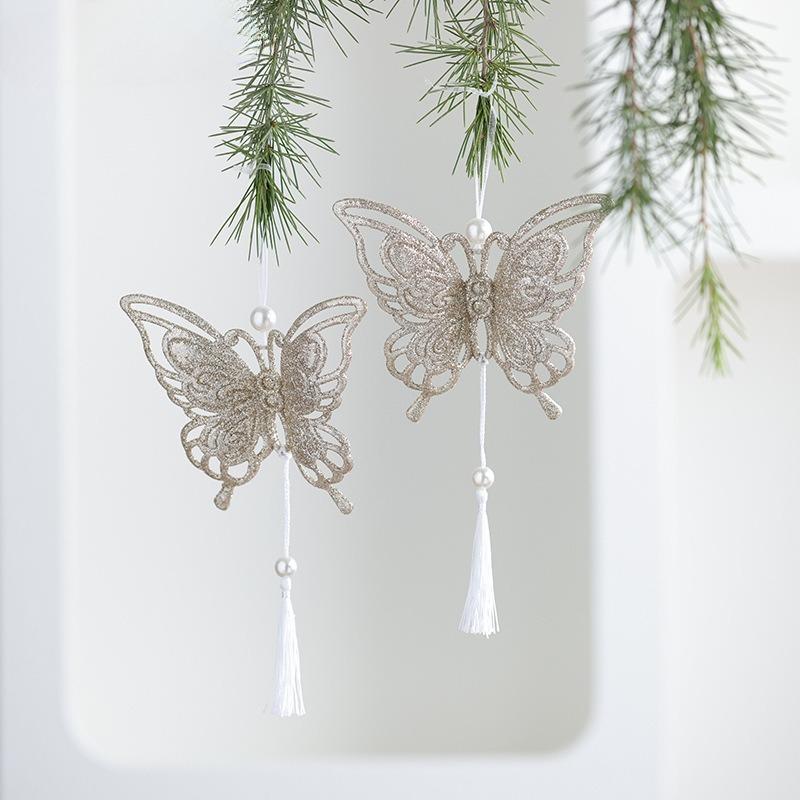 New Christmas Tree Ornaments Glitter Hollow Snowflake Pieces Love Butterfly Pendant Christmas Charm