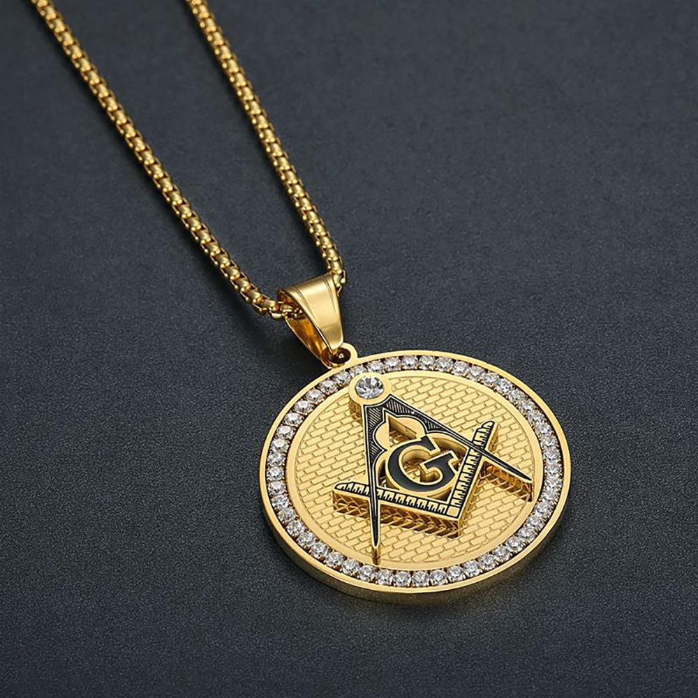 Punk Fashion Masonic Symbol Pendant Gold Color Stainless Steel CZ Mason Round Necklace for Men Vintage Jewelry Male Gift 2025