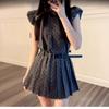 Gray Polka Dot A-Line Mini Dress With Puff Sleeves Waist Belt Sweet College Style Petite Women