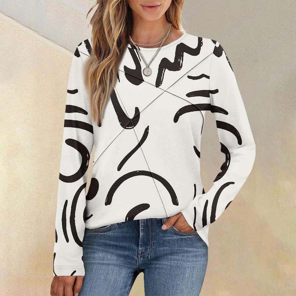 Модный женский топ с длинным рукавом, круглым вырезом, повседневный, плиссированный, с ретро геометрическим принтом, свободного кроя
