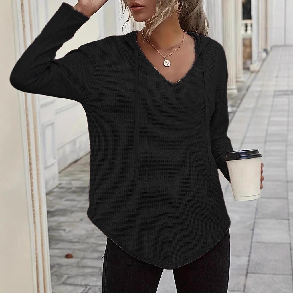 Women S V Neck Hooded Sweatshirt Long Sleeve Casual Drawstring