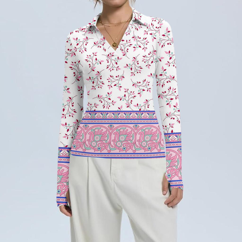 Women's Fashion Casual Print V-Neck Long Sleeve Button-Down Top