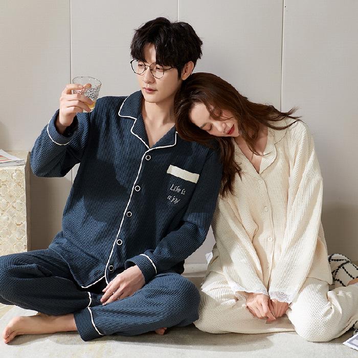 Cute Couple Pajamas: Women's Spring & Autumn Waffle Long Sleeves and Men's Casual Large Size Homewear