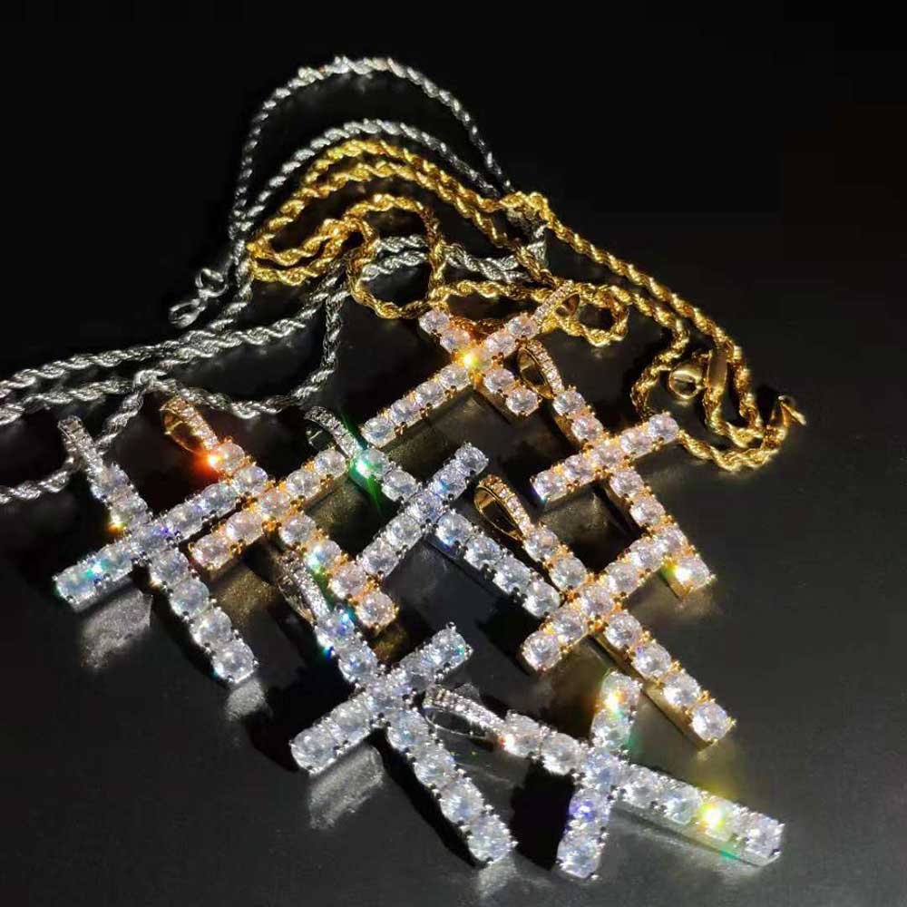 Мода Простой Блестящий Крест Ювелирные изделия Iced Out Кубический Цирконий Бриллиант 18k Покрытие Белым Золотом Подвеска-Крест Ожерелье Для Мужчин Женщин