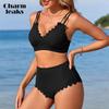 Women Scallop Trim Bikini Sets Ribbed Two Piece Bathing Suit V Neck High Waisted Swimsuits