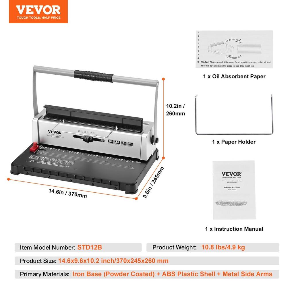 Coil Spiral Binding Machine, Manual Book Maker 34-Holes Binding 120 Sheets, Punch Binder with Adjustable Side Margin, for Letter Size, A4, A5